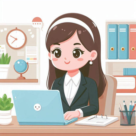 Young businesswoman working at her desk in office. Vector illustration.のイラスト素材