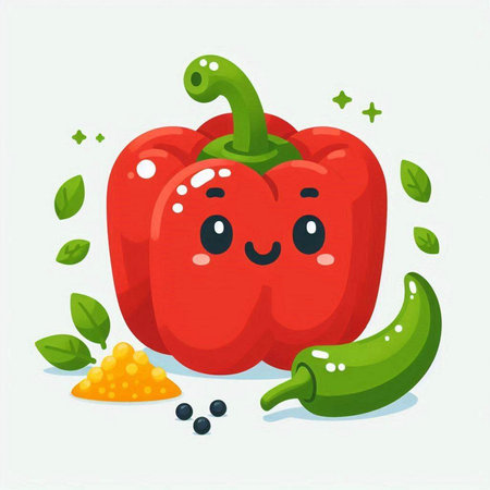 Cute cartoon red paprika character with green chili pepper. Vector illustrationのイラスト素材