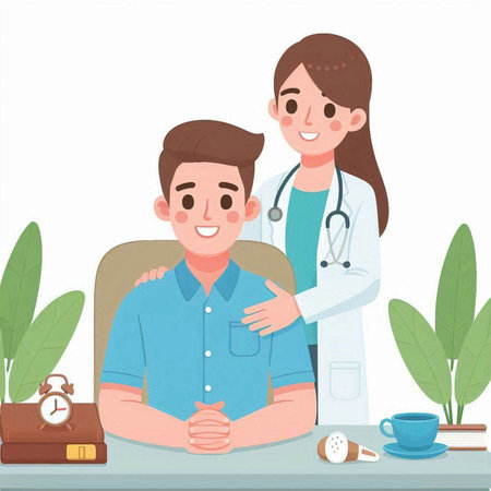 Doctor and patient in office. Vector illustration in flat cartoon style.のイラスト素材