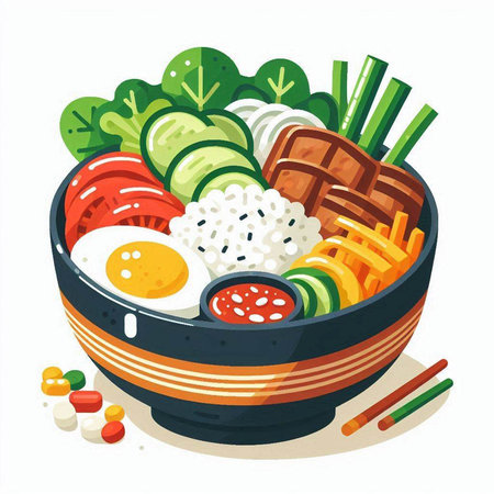Bowl with rice and vegetables. Vector illustration in cartoon style.のイラスト素材