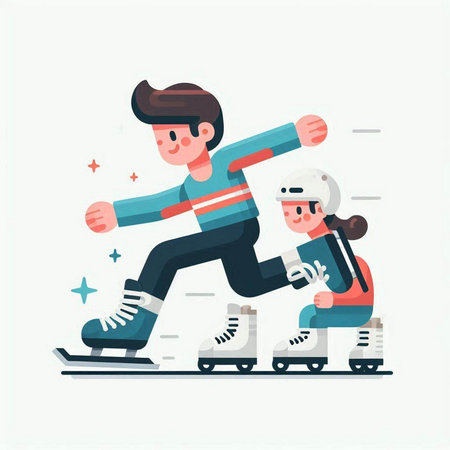 Man and woman skating on skates. Flat style vector illustration.のイラスト素材