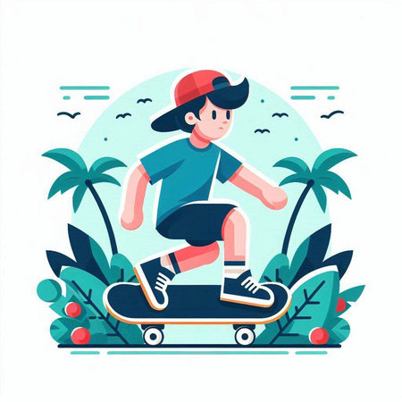 Young man riding a skateboard on the background of palm trees. Flat vector illustration.のイラスト素材