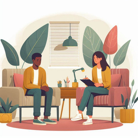 Man and woman sitting on sofa in living room, vector illustration.のイラスト素材