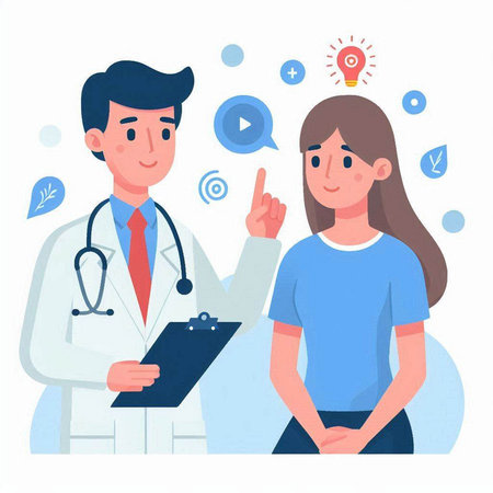 Male doctor talking to female patient. Vector illustration in cartoon style.のイラスト素材