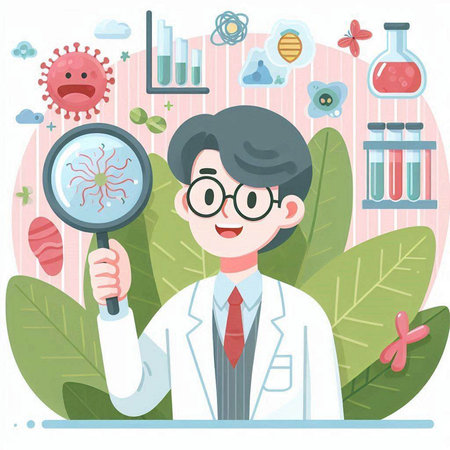 Scientist with a magnifying glass. Vector illustration in flat styleのイラスト素材