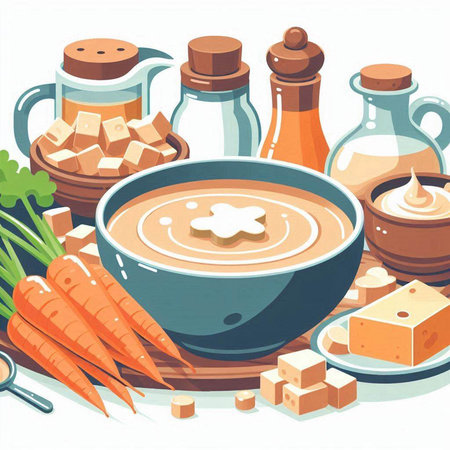 Carrot soup in bowl and ingredients for cooking. Vector illustration.のイラスト素材