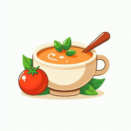 Tomato soup in a bowl with a spoon. Vector illustration.のイラスト素材