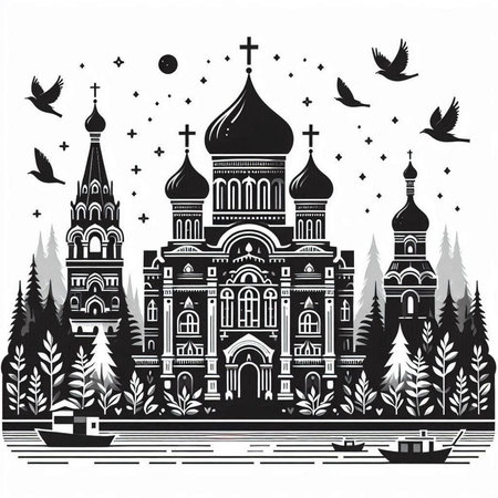Church of the Intercession of the Holy Virgin on the Nerl River in Russia. Monochrome vector illustrationのイラスト素材