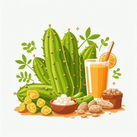 Cacti with a glass of juice. Vector illustration on white background.のイラスト素材