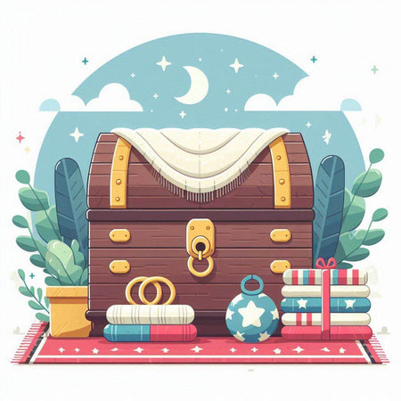 Vector illustration of a wooden chest on a carpet with gifts and decorations.のイラスト素材