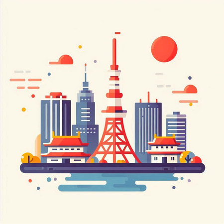 Tokyo skyline in flat design style. Vector illustration of Tokyo.のイラスト素材