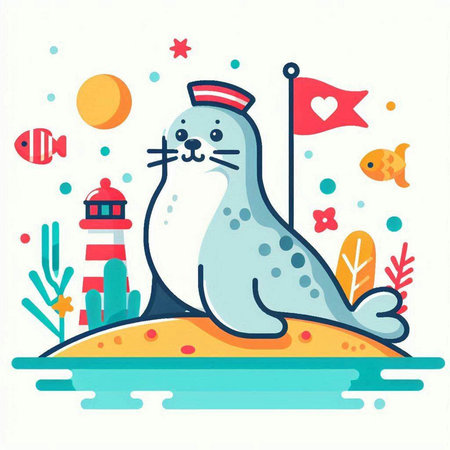 Cute seal on the seashore. Vector illustration in flat styleのイラスト素材