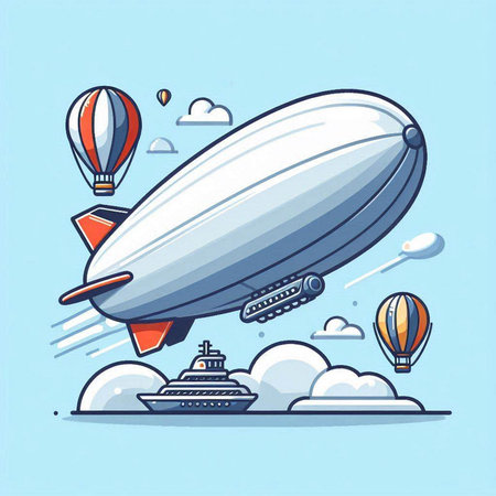 Airship with clouds and hot air balloons. Vector illustration in cartoon styleのイラスト素材