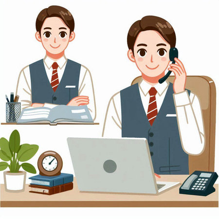 Businessman working at his desk and talking on the phone. Vector illustration.のイラスト素材