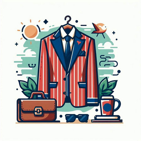 Vector illustration of a suit, briefcase and a cup of coffee.のイラスト素材