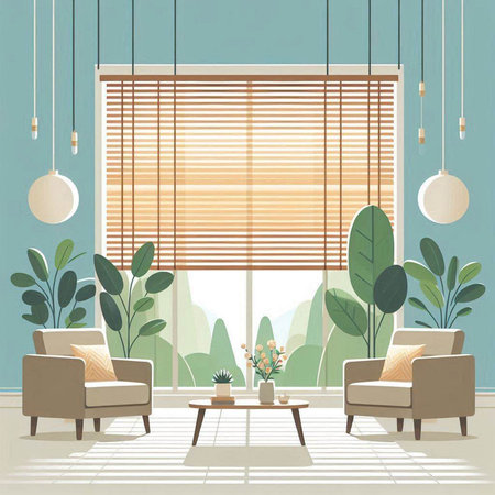 Living room interior design with armchairs and plants. Vector illustration.のイラスト素材