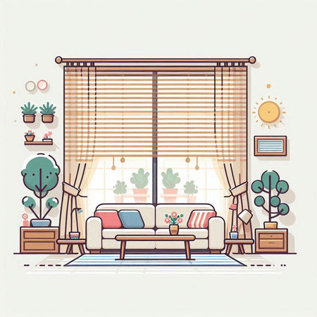 Living room interior with window, sofa and plants. Vector illustration.のイラスト素材