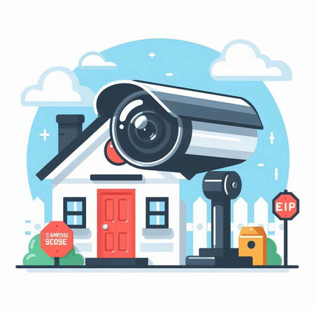 Surveillance camera on the background of a house. Vector illustrationのイラスト素材