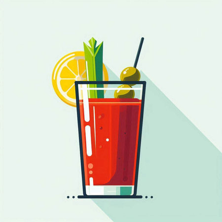 Bloody Mary cocktail with lemon slice and straw. Flat style vector illustration.のイラスト素材