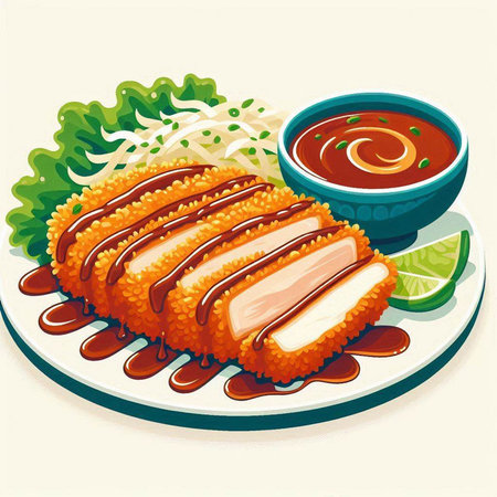 Illustration of a fried pork cutlet on a plate with sauceのイラスト素材