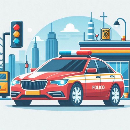 Police car on the road. Police car on the street. Vector illustration.のイラスト素材