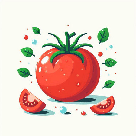 Vector illustration of a fresh tomato on a white background with green leaves.のイラスト素材