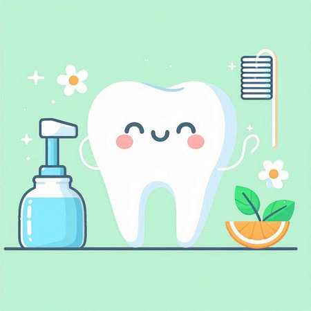 Cute cartoon tooth character with toothbrush, toothpaste, toothpaste, shampoo, orange and flower on green backgroundのイラスト素材