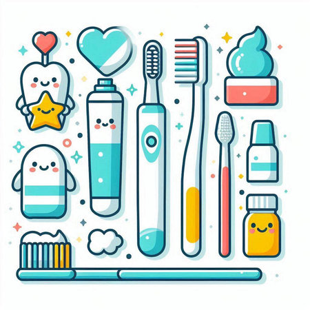 Cute cartoon toothbrushes, toothpaste, toothpaste, dental floss. Vector illustration.のイラスト素材