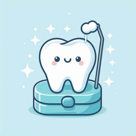 Cute cartoon tooth with dental floss on blue background. Vector illustration.のイラスト素材