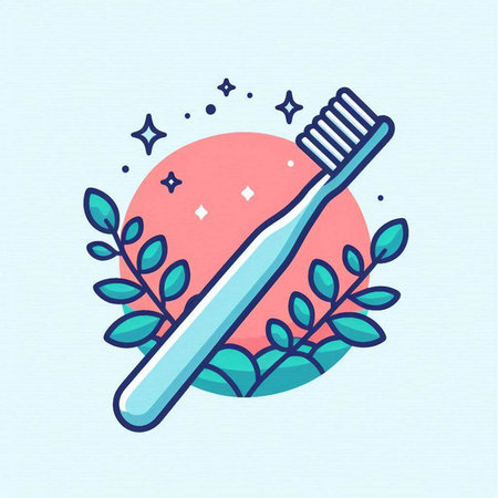 Toothbrush with leaves and stars. Vector illustration in linear styleのイラスト素材