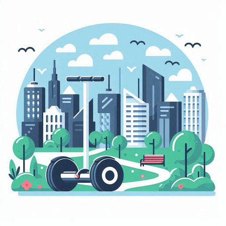 Modern city scooter on the background of skyscrapers and trees. Vector illustrationのイラスト素材