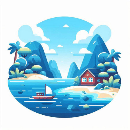 Tropical island in the sea. Vector illustration in cartoon styleのイラスト素材