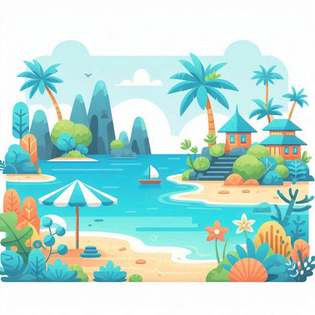 Vector illustration of tropical island with palm trees and sand beach in flat style.のイラスト素材