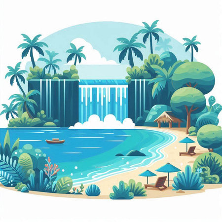Tropical beach with waterfalls and palm trees. Vector illustrationのイラスト素材