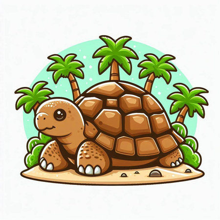 Turtle on the island with palm trees. Cartoon vector illustration.のイラスト素材