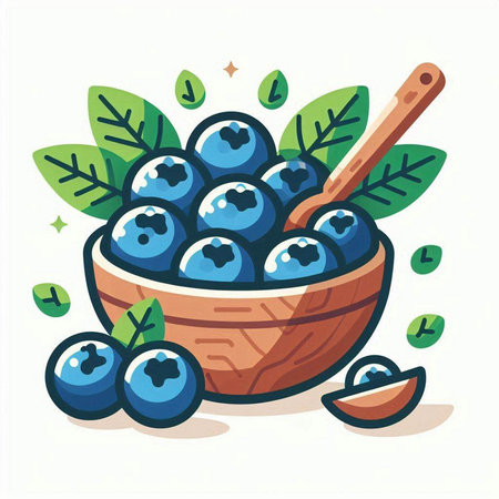Blueberry in a wooden bowl with leaves and spoon. Vector illustration.のイラスト素材