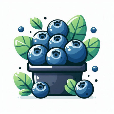 Hand drawn vector illustration of blueberries in a pot with leaves.のイラスト素材