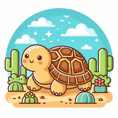Cute cartoon turtle in the desert with cactuses. Vector illustration.のイラスト素材