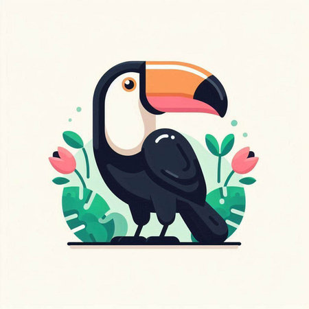 Toucan vector illustration in flat style. Cute toucan bird with flowers.のイラスト素材