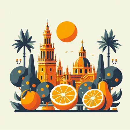 Seville Spain famous landmarks in flat style. Vector illustration.のイラスト素材