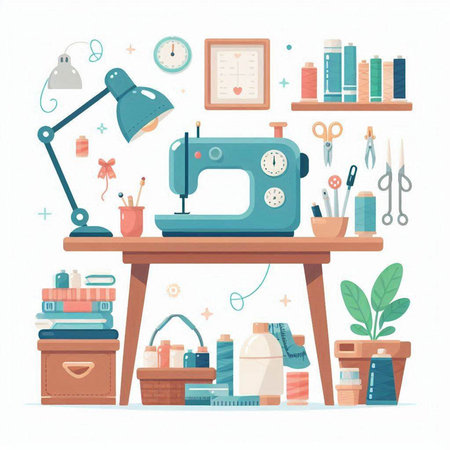 Sewing workshop. Workplace with sewing machine, tools and equipment. Vector illustrationのイラスト素材