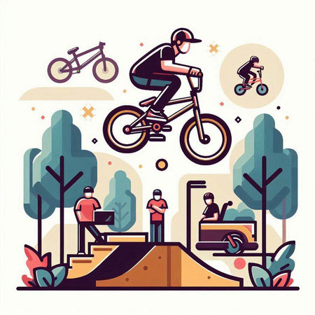 Bike park flat color vector concept illustration. Young man riding a bike in park.のイラスト素材