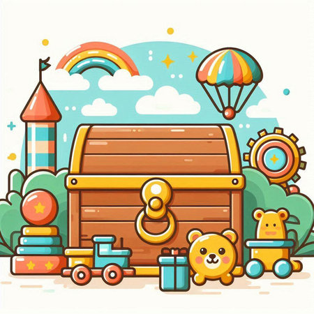 Vector illustration of a wooden chest with toys. Cute cartoon style.のイラスト素材