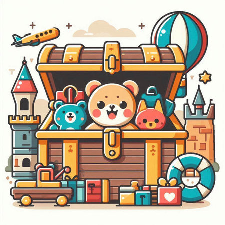 Vector illustration of a treasure chest with toys. Colorful cartoon background.のイラスト素材