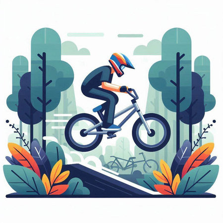 Cyclist in helmet riding a bicycle in the park. Flat vector illustration.のイラスト素材