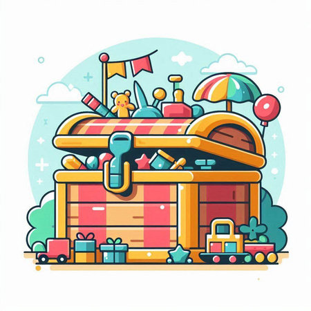 Vector illustration of a wooden box with toys and gifts in a flat style.のイラスト素材
