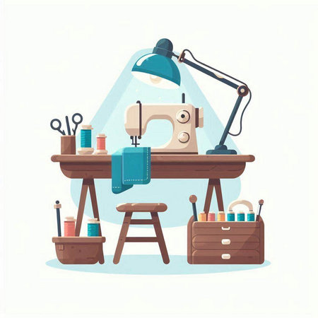 Sewing workshop. Sewing machine, tools and accessories. Vector illustrationのイラスト素材