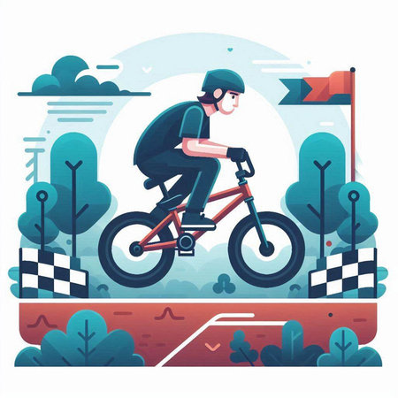 Cyclist riding bicycle in the park. Flat style vector illustration.のイラスト素材