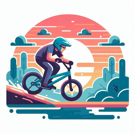 Cyclist in helmet riding bicycle on the road, flat vector illustration.のイラスト素材