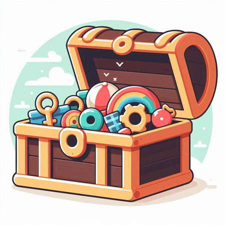 Illustration of a treasure chest full of toys. Vector illustration.のイラスト素材